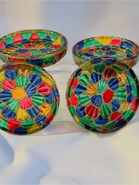 Set of 4 Stained Glass Mosaic Trinket Coasters Tray Coin Dish Salt Cellars